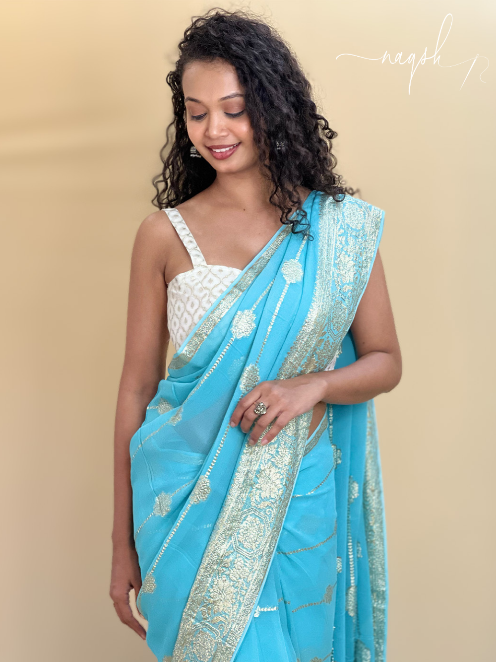 Blue with Gold Border Georgette Saree