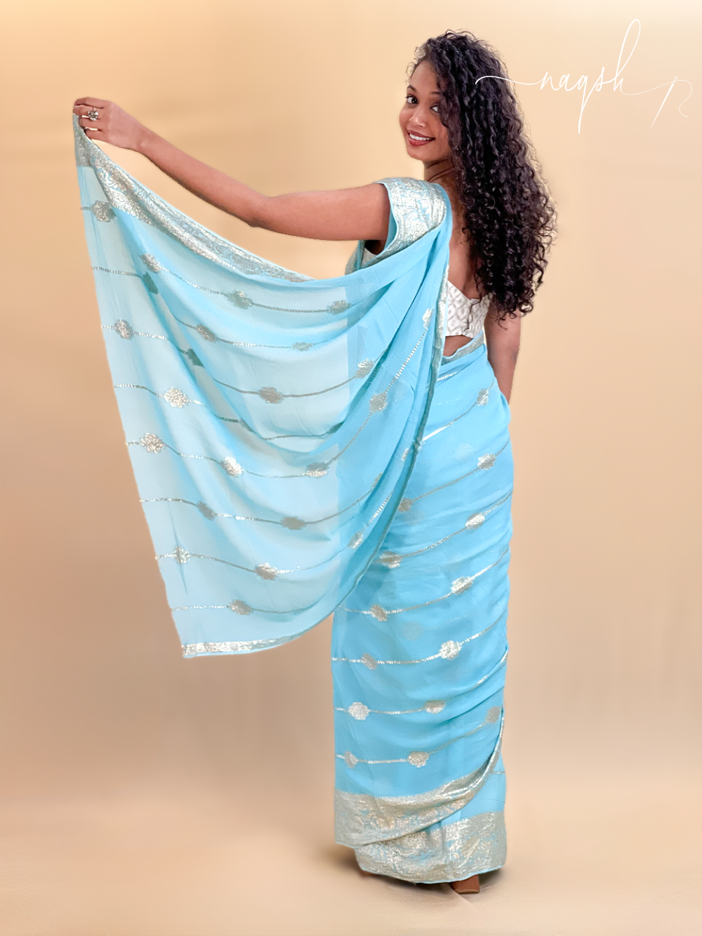 Blue with Gold Border Georgette Saree
