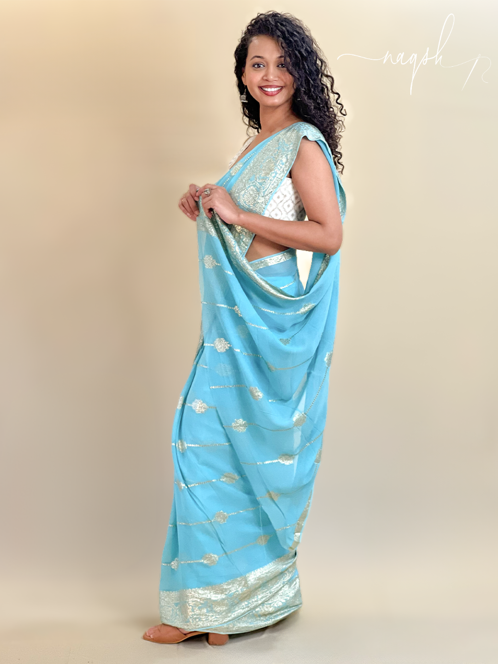 Blue with Gold Border Georgette Saree