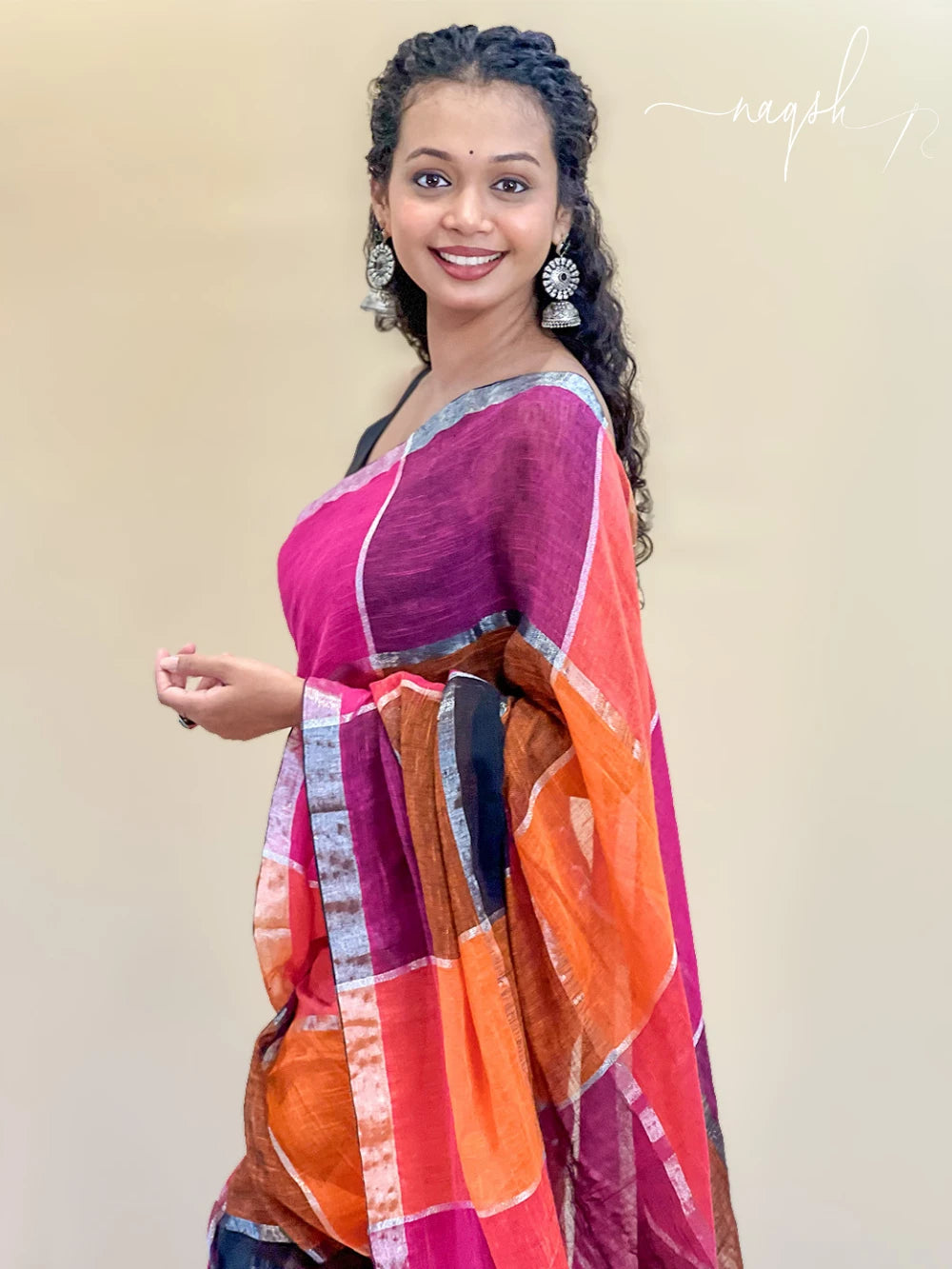Linen multicolour checks Saree