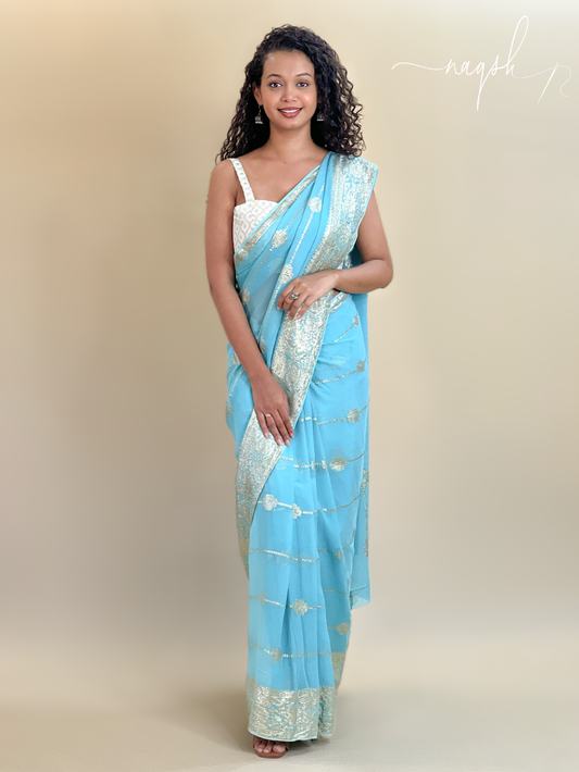 Blue with Gold Border Georgette Saree