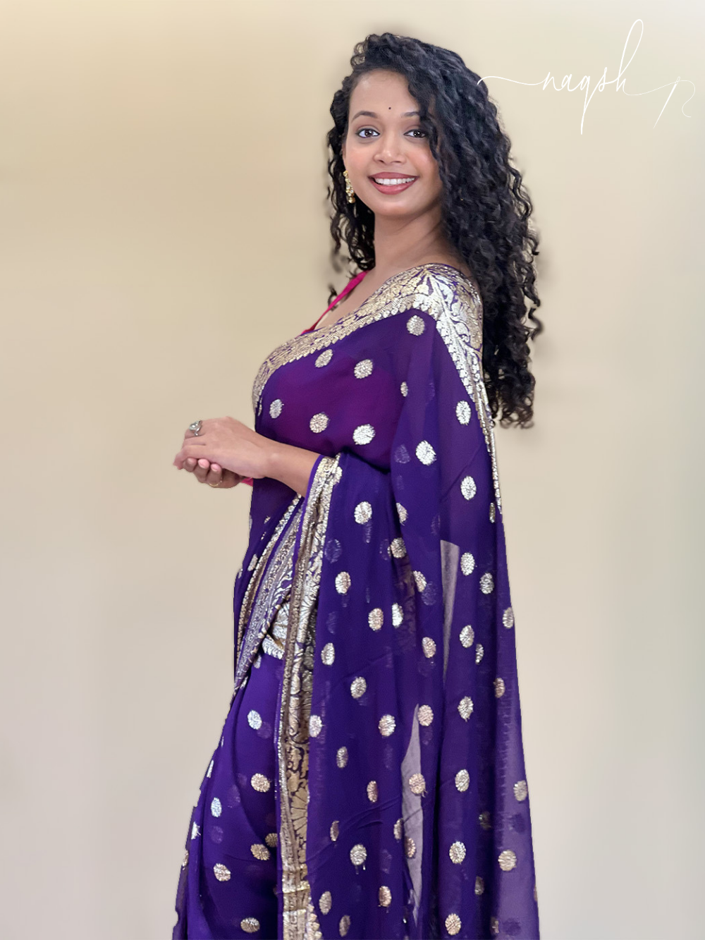 Purple Gold Border Gorgette Saree