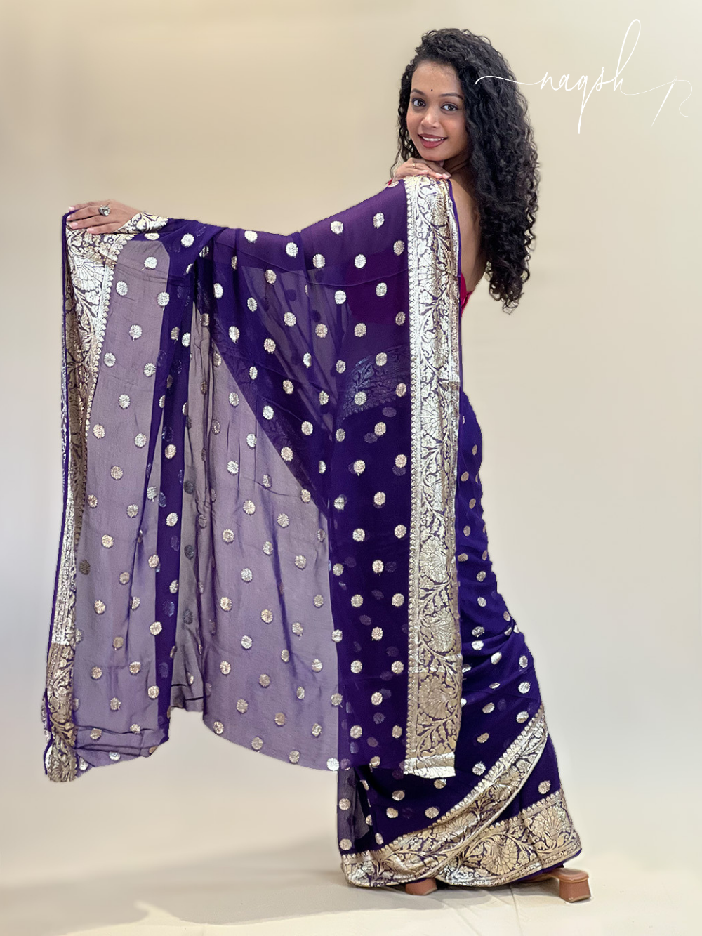 Purple Gold Border Gorgette Saree