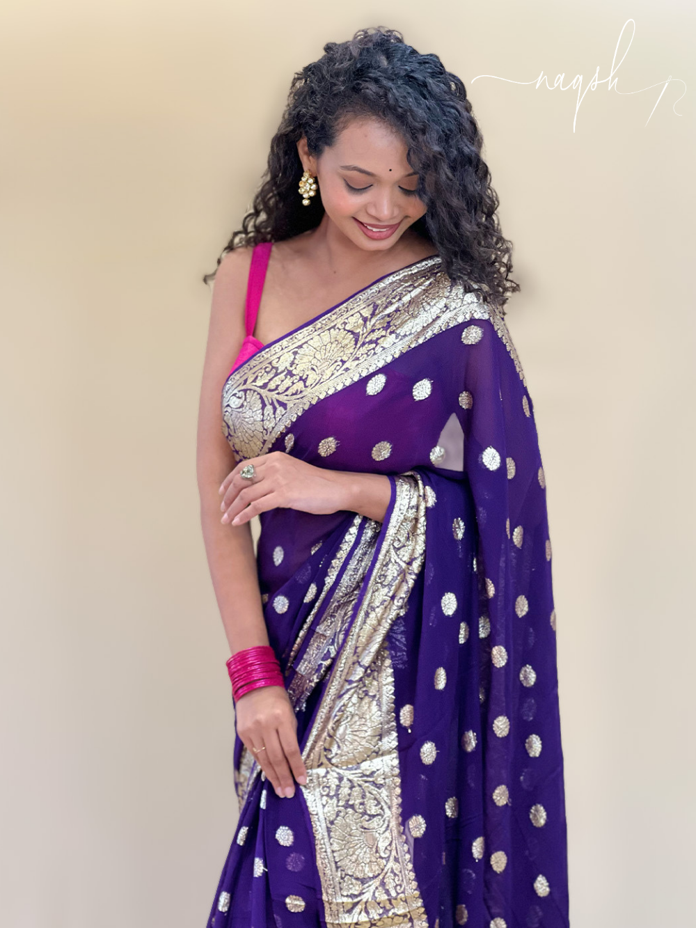 Purple Gold Border Gorgette Saree