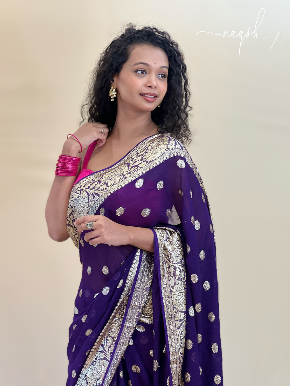 Purple Gold Border Gorgette Saree