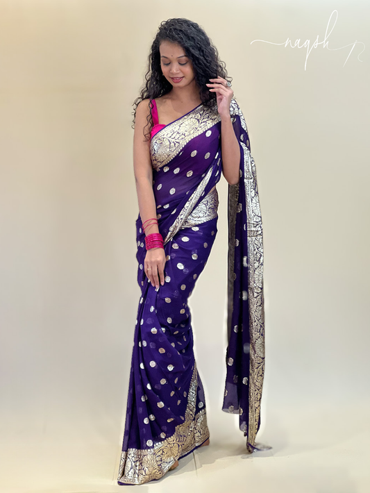 Purple Gold Border Gorgette Saree