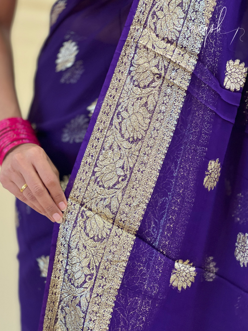 Purple Gold Border Georgette Saree