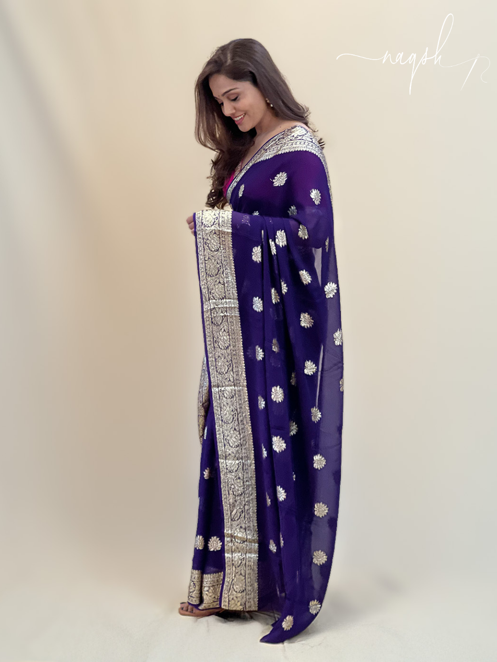 Purple Gold Border Georgette Saree