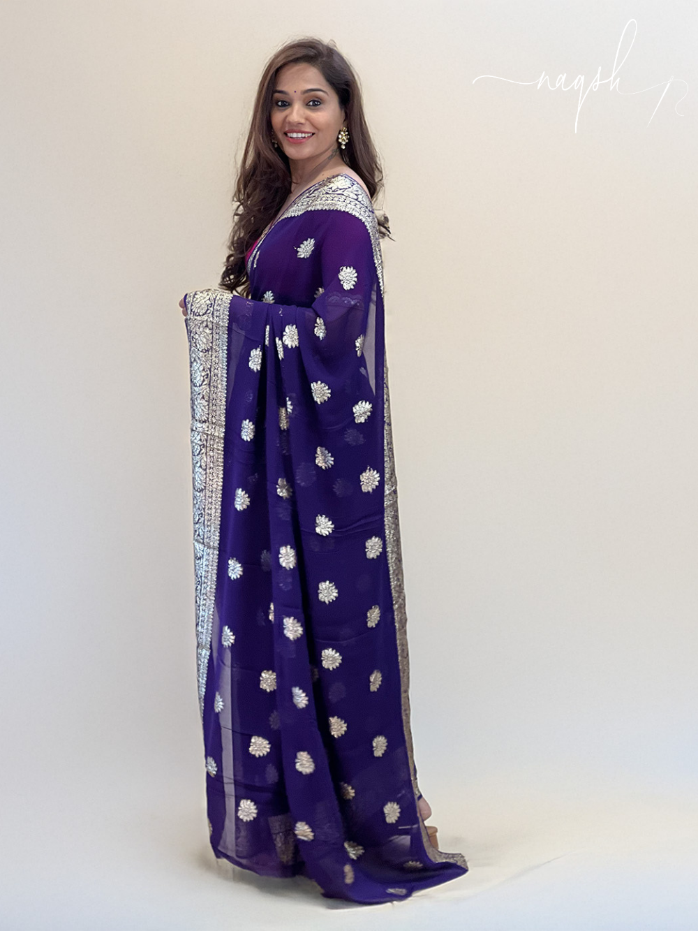 Purple Gold Border Georgette Saree