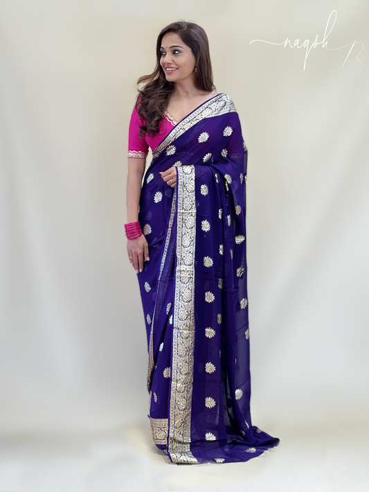 Purple Gold Border Georgette Saree