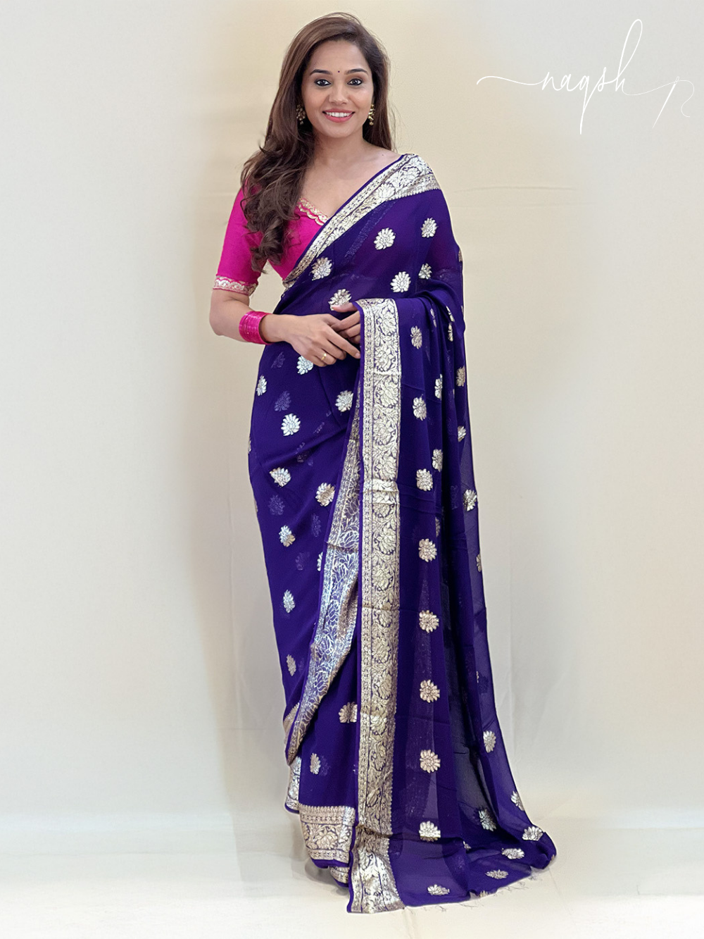 Purple Gold Border Georgette Saree