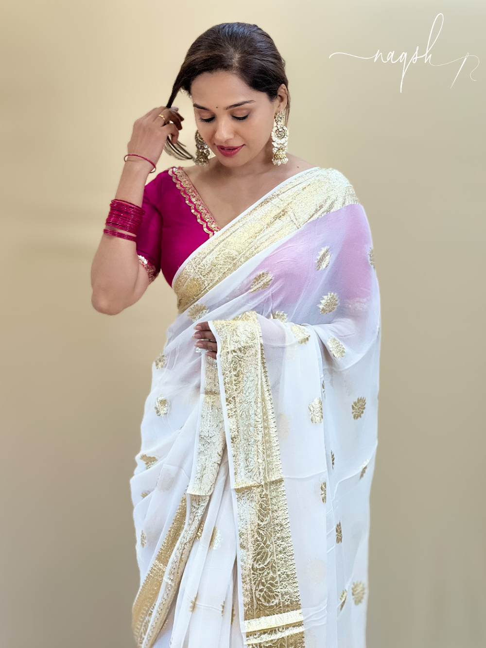 White Gold Border Georgette Saree