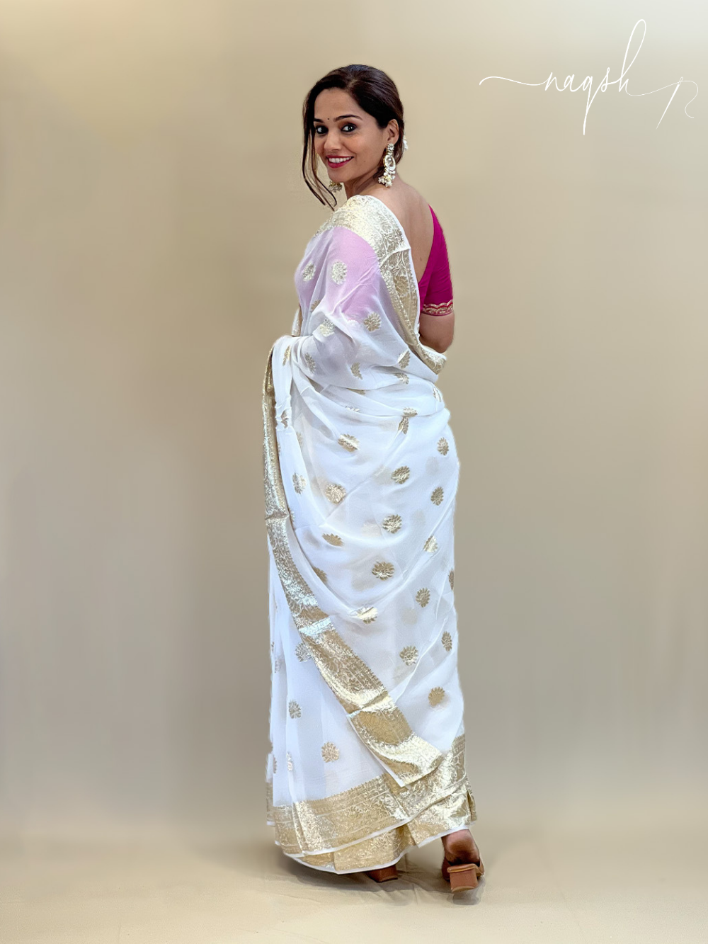 White Gold Border Georgette Saree