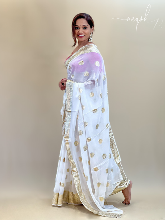 White Gold Border Georgette Saree