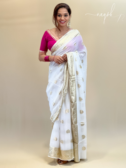 White Gold Border Georgette Saree