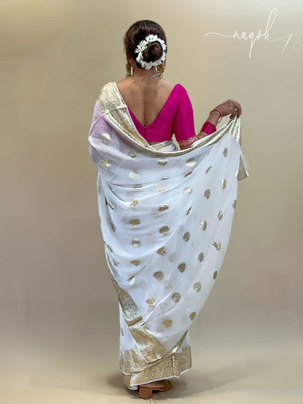 White Gold Border Georgette Saree