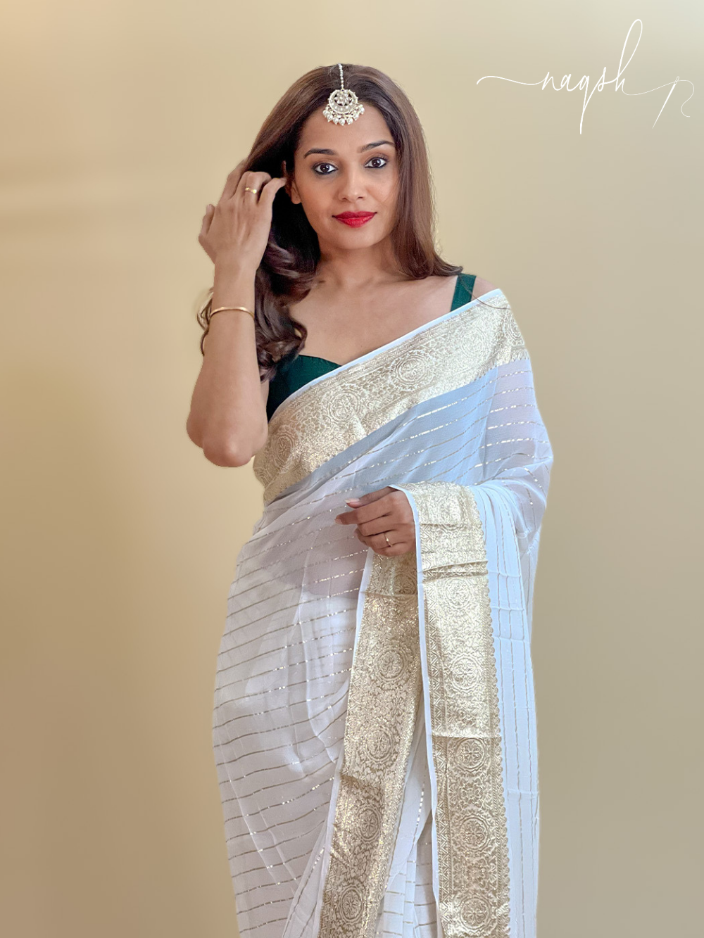 White Gold Border Georgette Saree