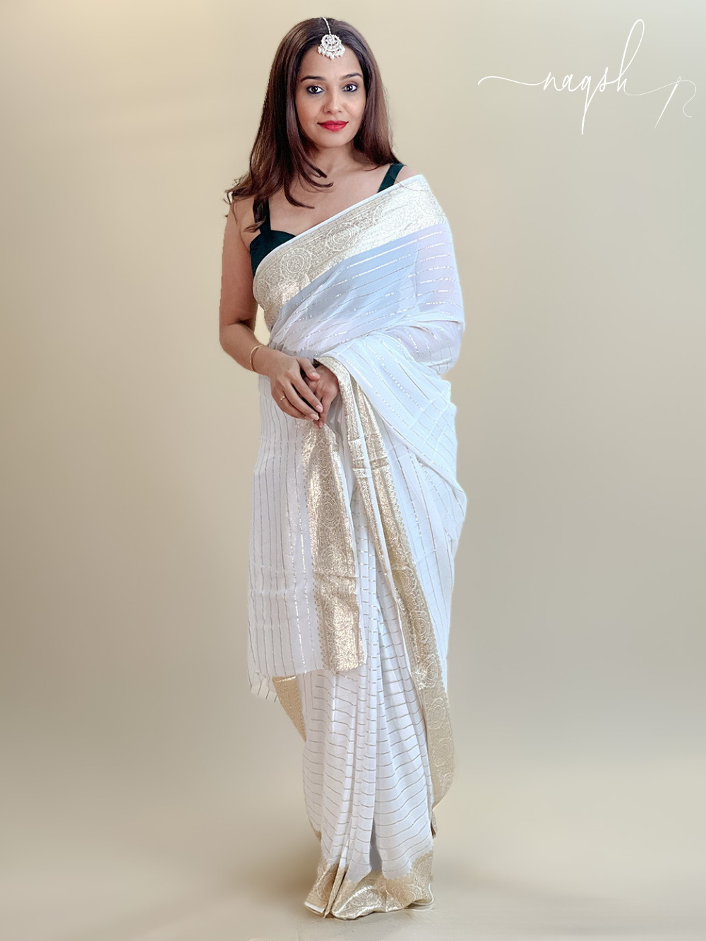 White Gold Border Georgette Saree