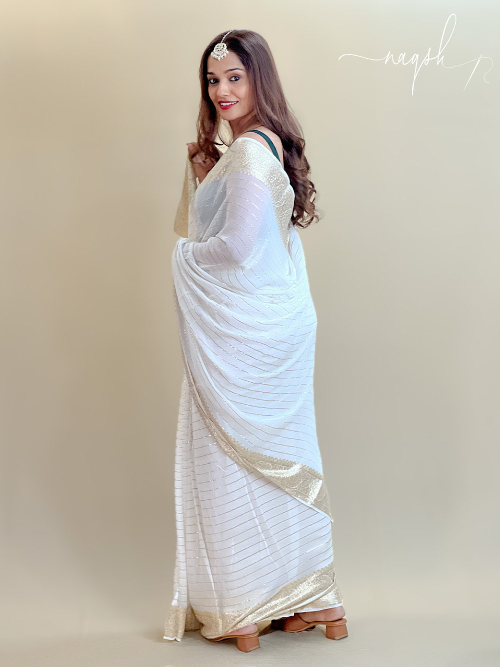 White Gold Border Georgette Saree