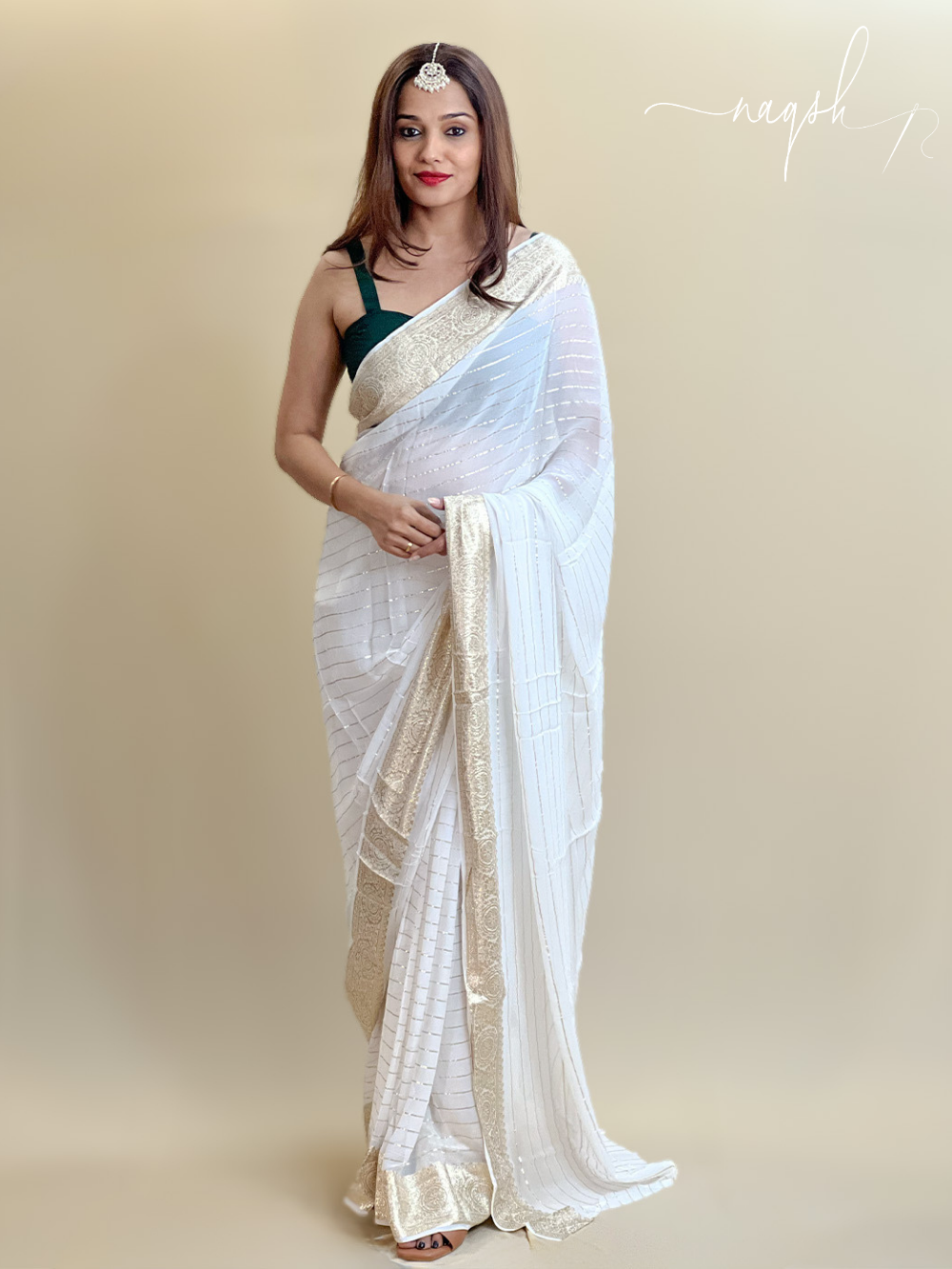 White Gold Border Georgette Saree