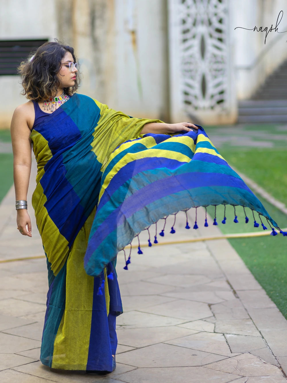 Blue Green Cotton Saree