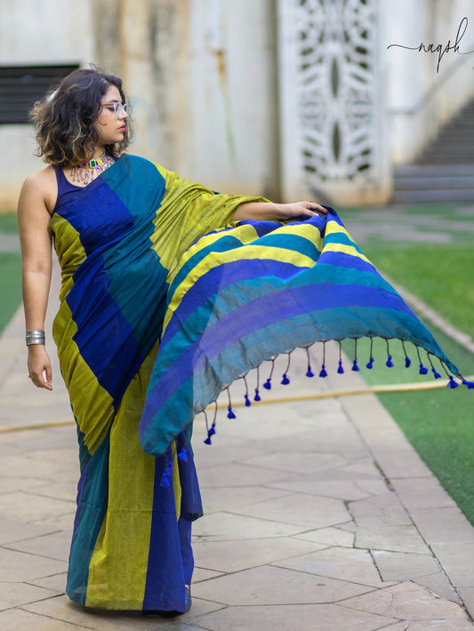 Blue Green Cotton Saree