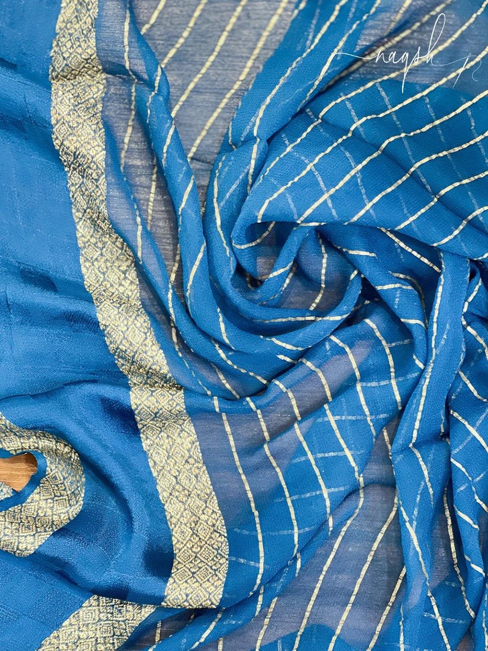 Blue Gold Border Georgette Saree