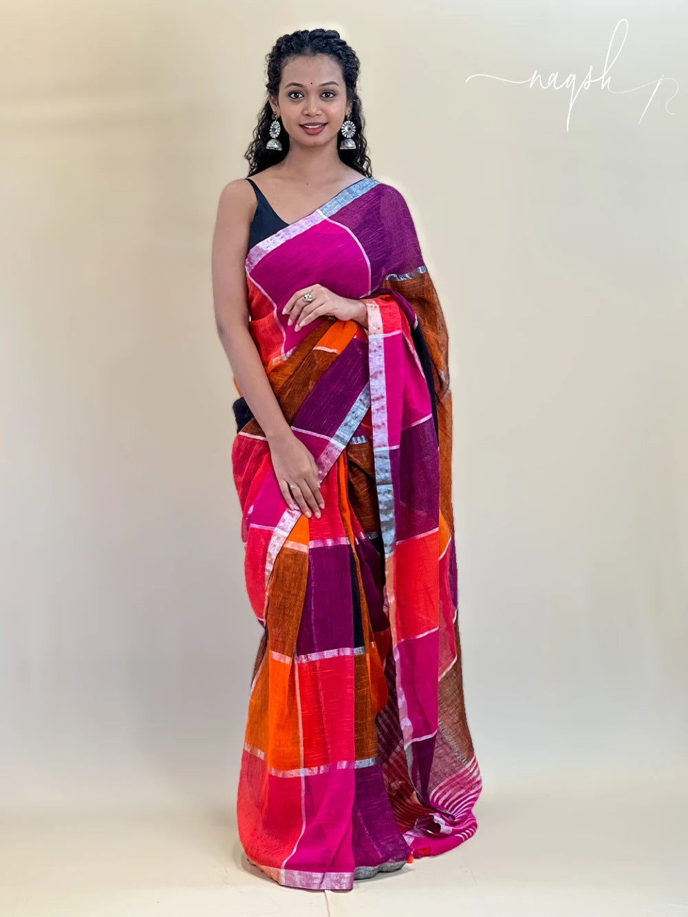 Linen multicolour checks Saree