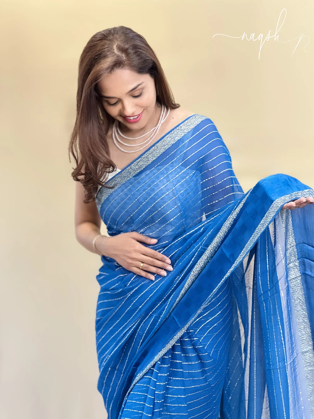 Blue Gold Border Georgette Saree