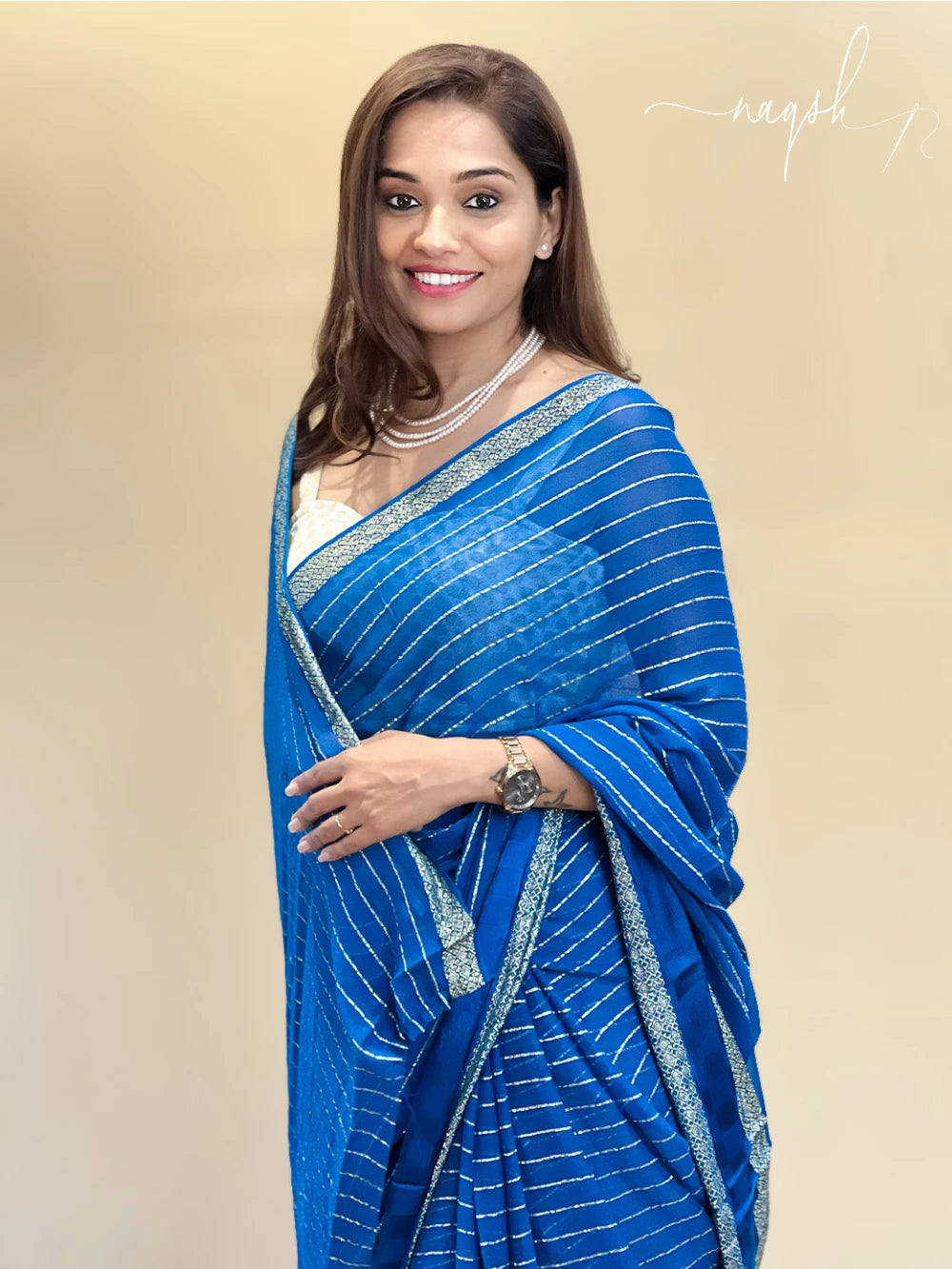 Blue Gold Border Georgette Saree