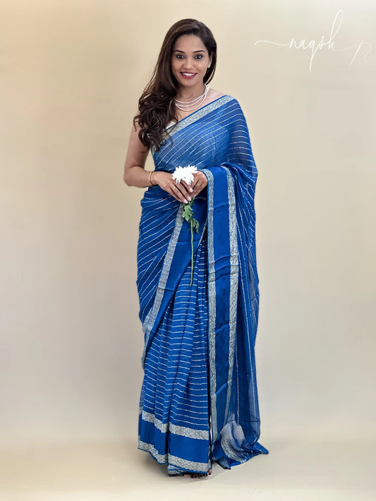 Blue Gold Border Georgette Saree