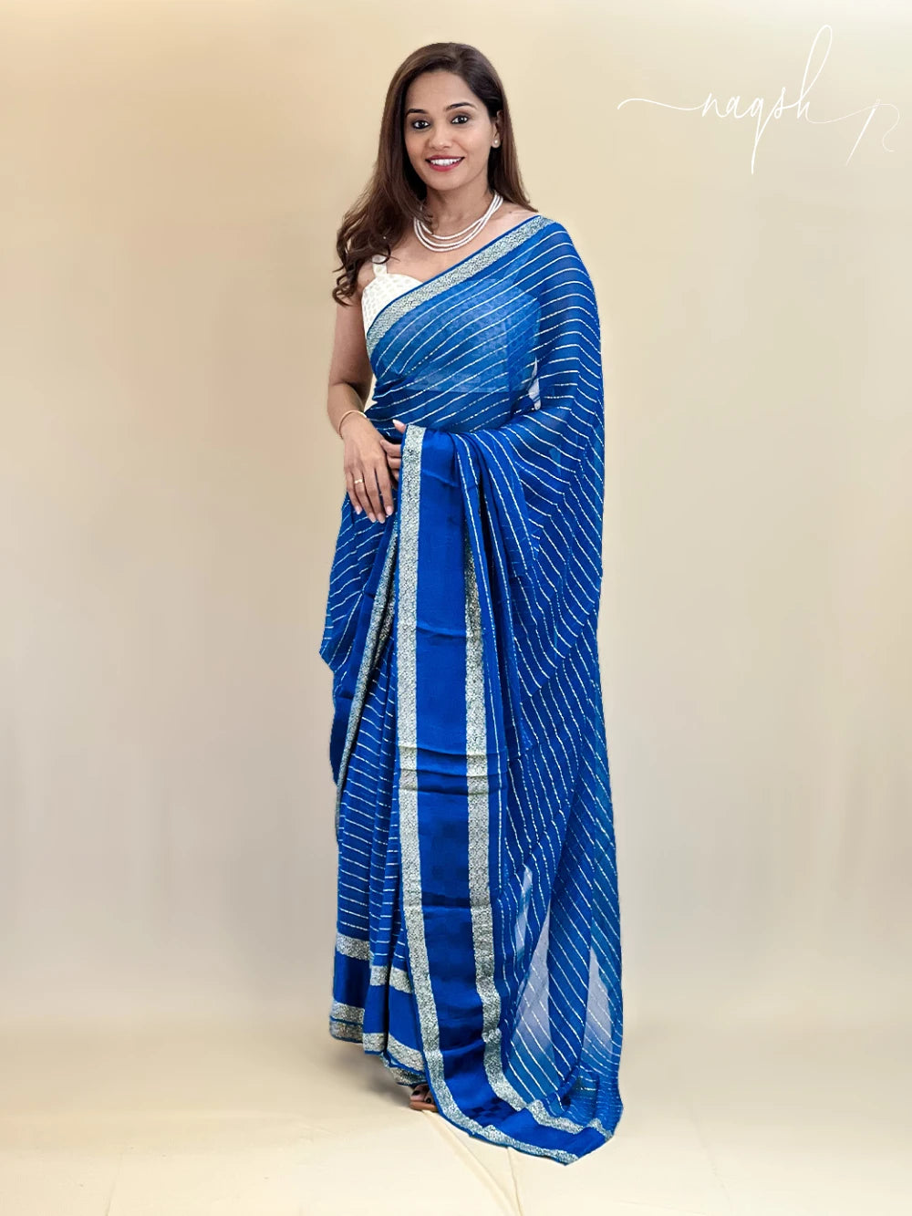 Blue Gold Border Georgette Saree