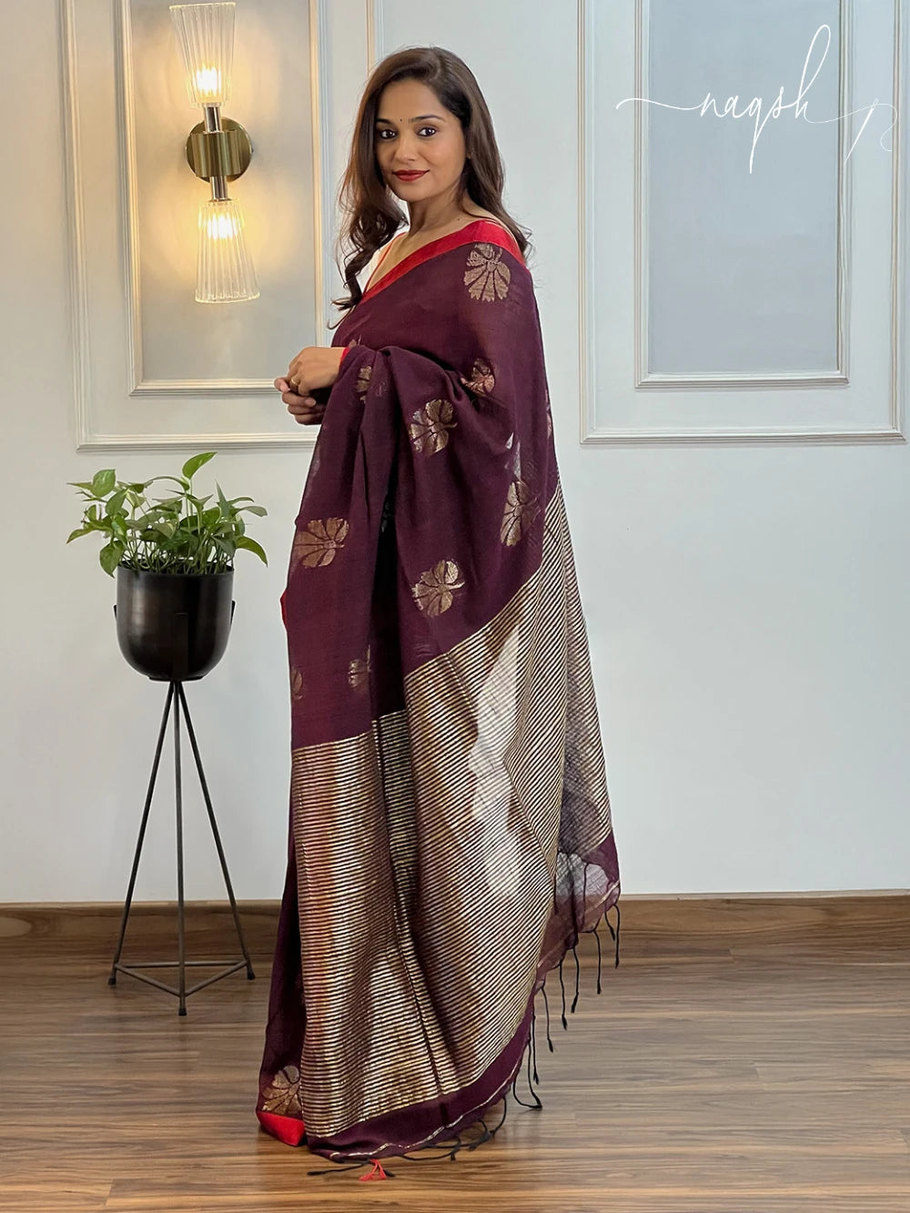 Pure linen brown saree