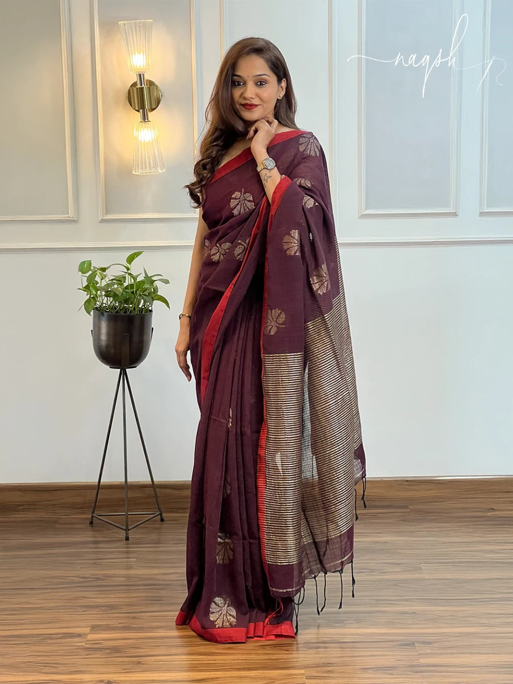 Pure linen brown saree