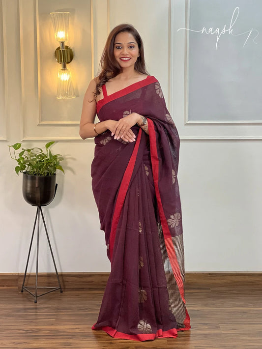 Pure linen brown saree