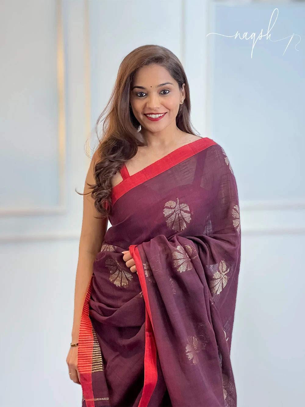 Pure linen brown saree