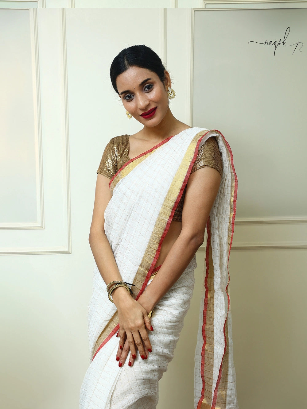 White Red Gold Pure Linen Saree