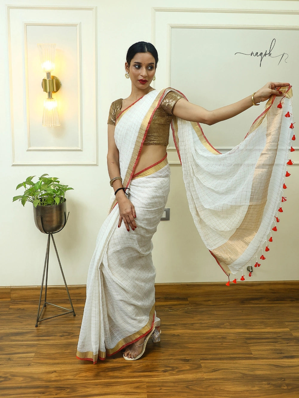 White Red Gold Pure Linen Saree