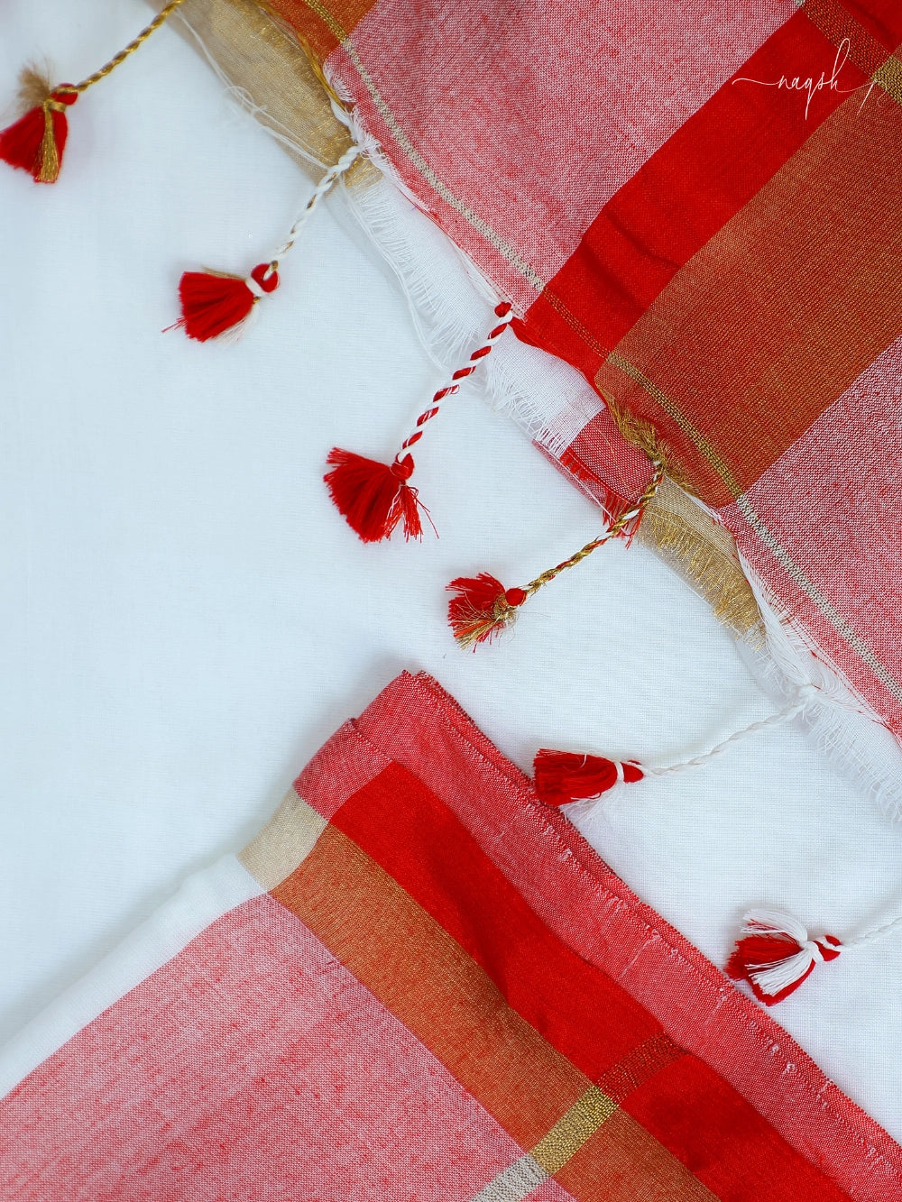 White Red Gold Cotton Saree