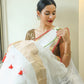 White Red Gold Pure Linen Saree