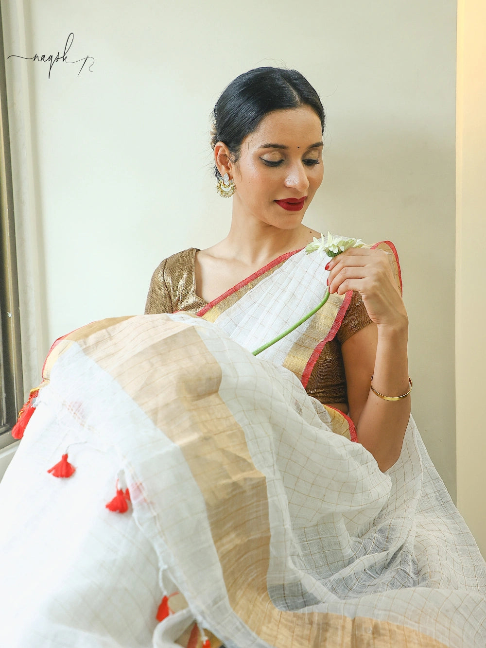 White Red Gold Pure Linen Saree