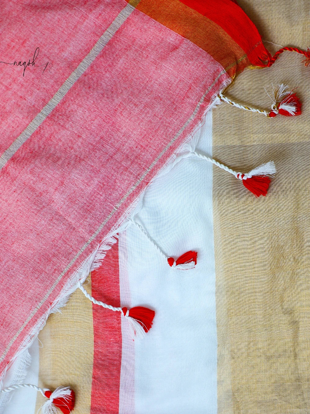 White Red Gold Cotton Saree