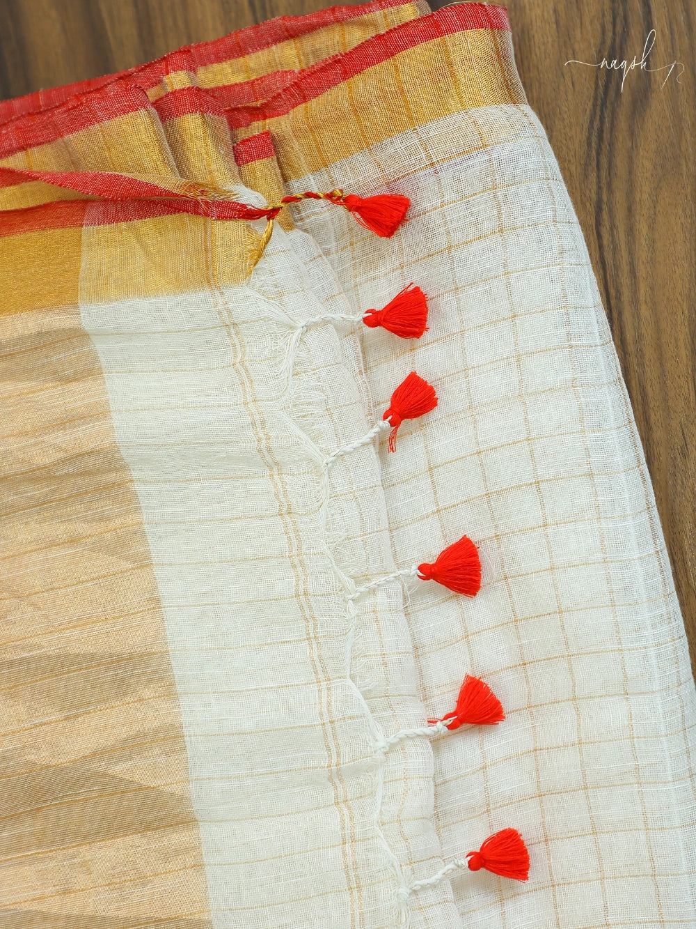 White Red Gold Pure Linen Saree