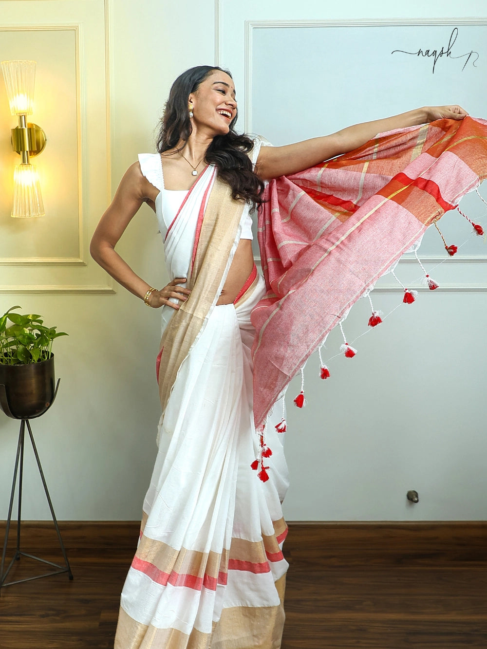 White Red Gold Cotton Saree