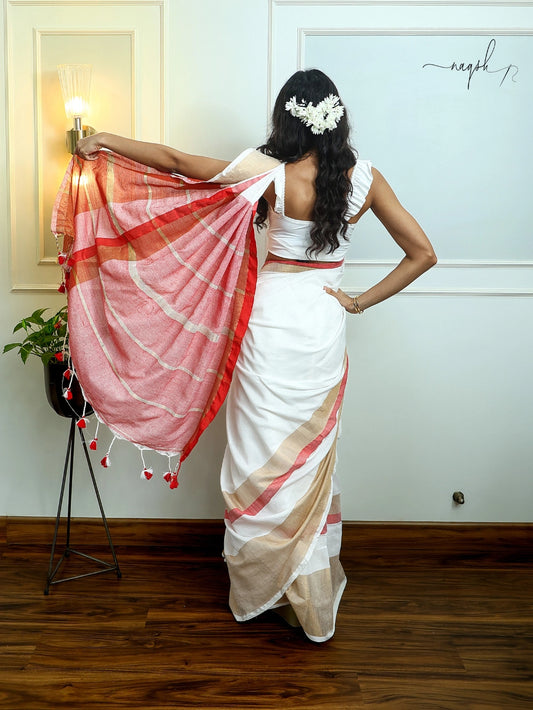 White Red Gold Cotton Saree