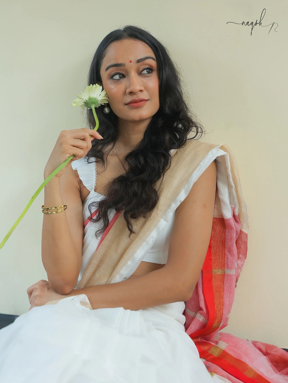 White Red Gold Cotton Saree