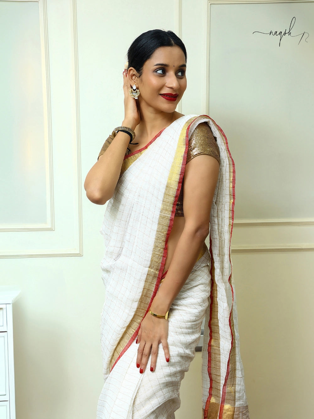 White Red Gold Pure Linen Saree