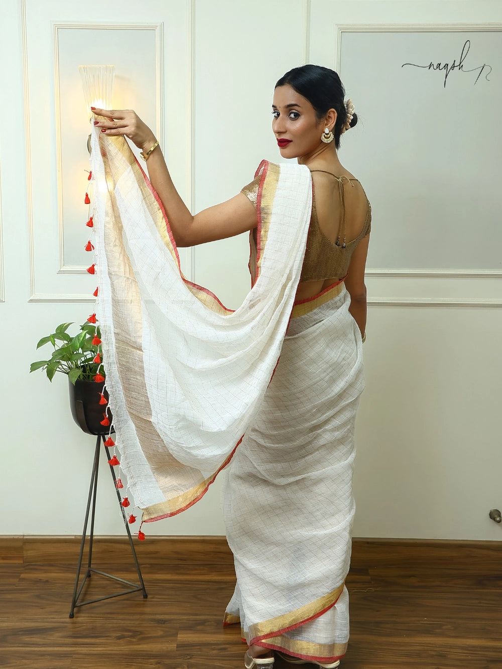 White Red Gold Pure Linen Saree