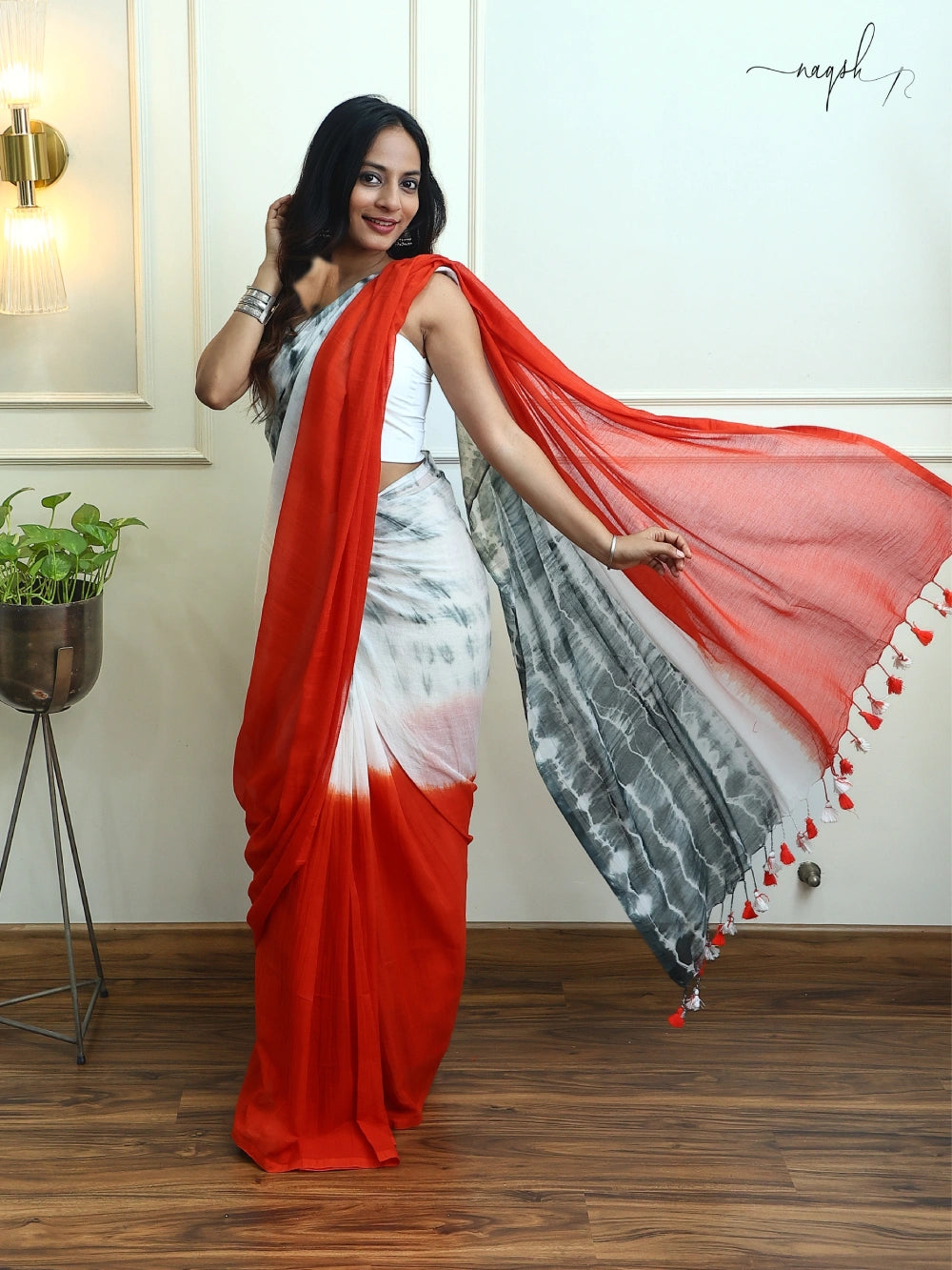 Red Black Mul Cotton Saree