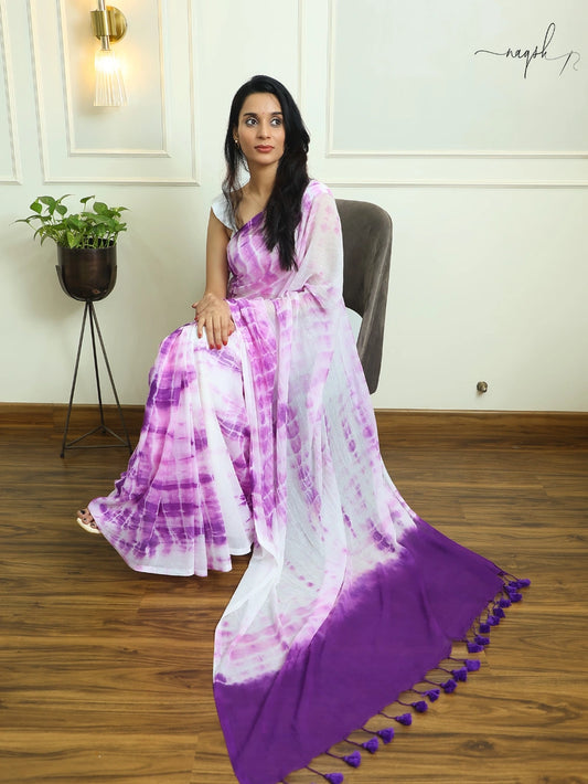 Purple White Mul Cotton Saree